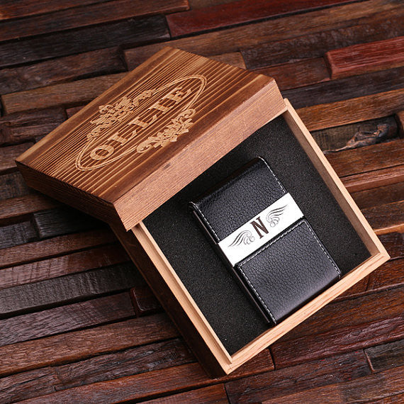 Leather Business Card Holder with Wood Gift Box - Brown or Black - Rion Douglas Gifts - 1