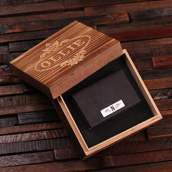 Leather Business Card Holder with Wood Gift Box - Brown or Black - Rion Douglas Gifts - 1