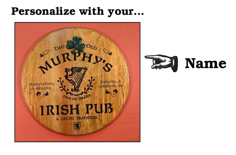 Irish Pub - Personalized Oak Barrel Head Sign with Shamrock Relief - Rion Douglas Gifts - 2