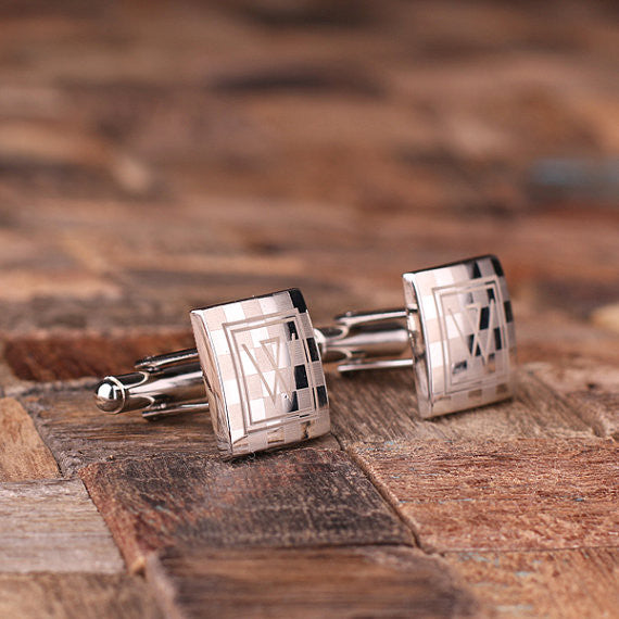 Engraved Stainless Steel Cuff Links Cufflinks – Checkered Monogram - Rion Douglas Gifts - 2