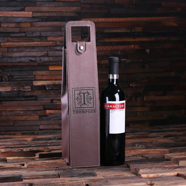 Personalized Single Bottle Wine Holder/Pouch - Brown or Black - Rion Douglas Gifts - 1