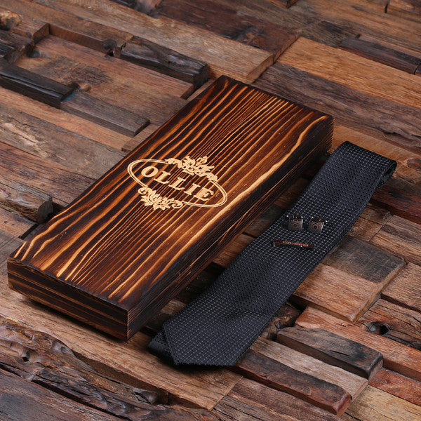 Personalized Black Tie Set, Cuff Links, Tie Clip, Wood Gift Box - Rion Douglas Gifts - 3