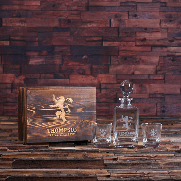 Personalized Whiskey Decanter with Round Bottle Lid, 2 Whiskey Glasses and Wood Box - Rion Douglas Gifts - 4