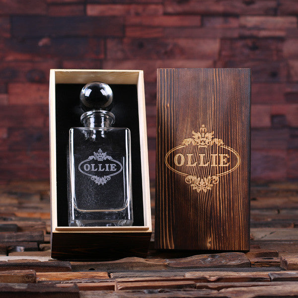 Personalized Whiskey Decanter with Round Glass Bottle Lid and Wood Box - Classic - Rion Douglas Gifts - 1