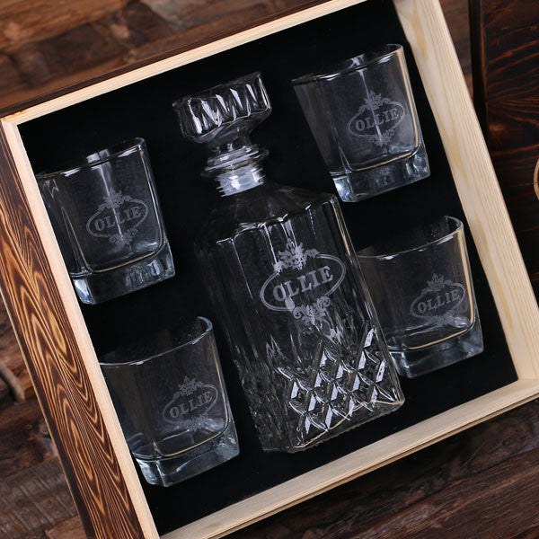 Personalized Decanter with 4 Glasses and Keepsake Wood Box