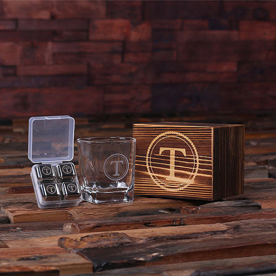 Personalized Whiskey Scotch Glass Set, Stainless Steel Ice Cubes with Wood Box - Rion Douglas Gifts - 1