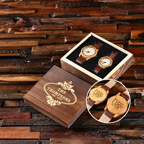 Personalized Personalized His & Hers Engraved Wood Watch Bamboo Leather Straps with or without Engraved or Printed Wood Box - Rion Douglas Gifts - 4