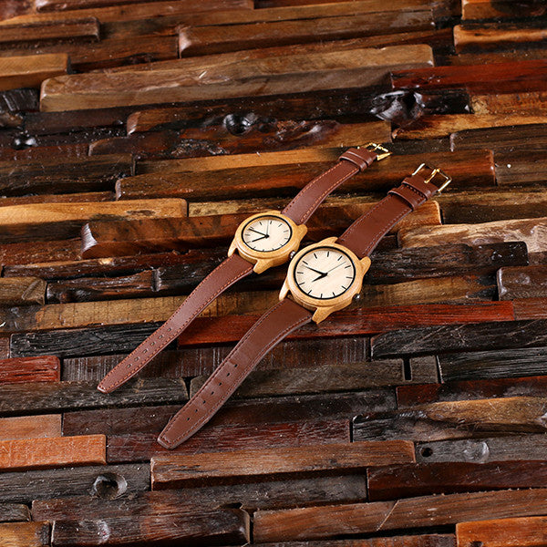 Personalized Personalized His & Hers Engraved Wood Watch Bamboo Leather Straps with or without Engraved or Printed Wood Box - Rion Douglas Gifts - 7