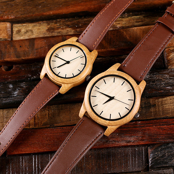 Personalized Personalized His & Hers Engraved Wood Watch Bamboo Leather Straps with or without Engraved or Printed Wood Box - Rion Douglas Gifts - 5