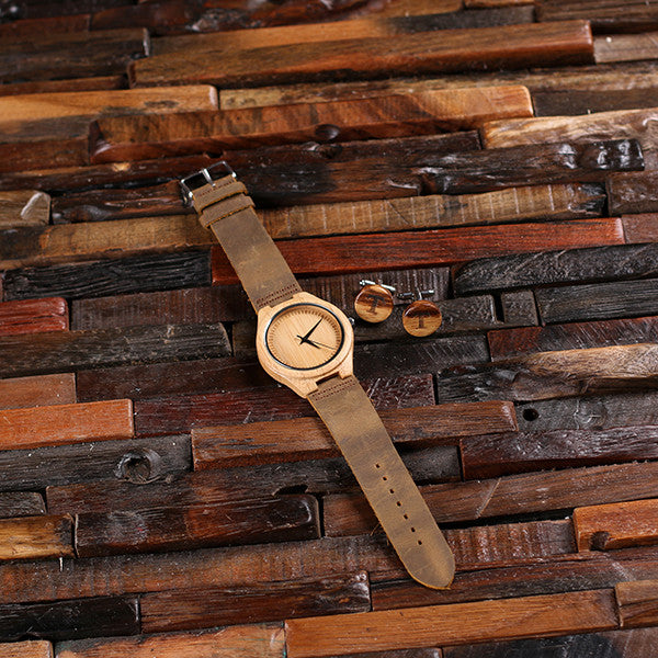 Personalized Tan Wood Watch and Cufflinks with Engraved Wood Box - Rion Douglas Gifts - 9