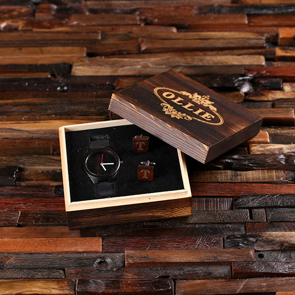 Personalized Black Wood Watch and Cufflinks with Engraved Wood Box - Rion Douglas Gifts - 1