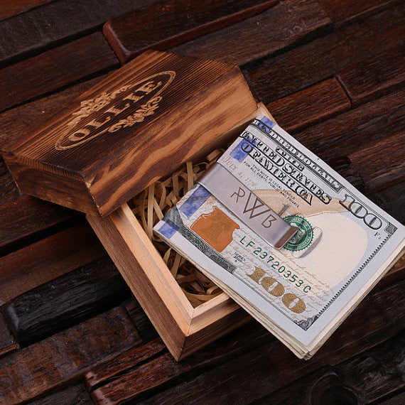 Monogrammed Money Clip – Polished Stainless Steel w/Optional Wood Gift Box - Rion Douglas Gifts - 1