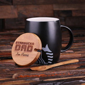 Personalized 16 oz. Ceramic Starbucks Mug w/Bamboo Lid & Spoon – White, Red & Black - Rion Douglas Gifts - 9