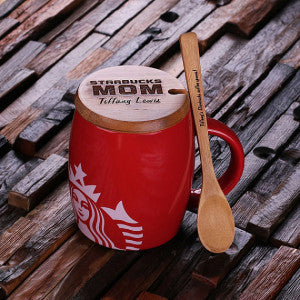 Personalized 16 oz. Ceramic Starbucks Mug w/Bamboo Lid & Spoon – White, Red & Black - Rion Douglas Gifts - 6