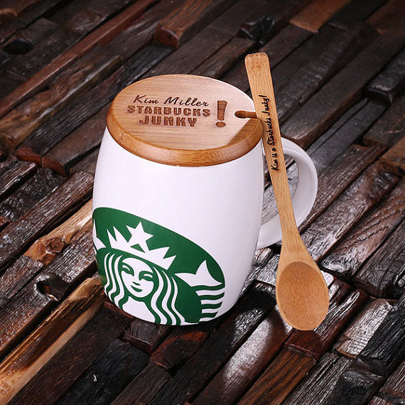 Personalized 16 oz. Ceramic Starbucks Mug w/Bamboo Lid & Spoon – White, Red & Black - Rion Douglas Gifts - 1