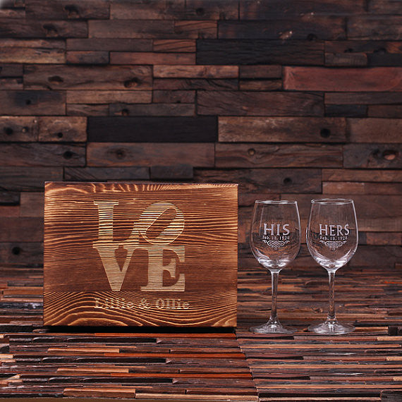 His & Her Wine Glass Set with Wood Box - Rion Douglas Gifts - 1
