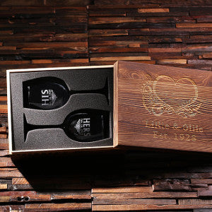 His & Her Wine Glass Set with Wood Box - Rion Douglas Gifts - 3
