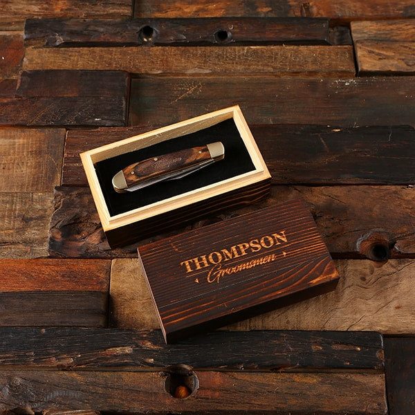 Personalized Double Blade Pocket Knife with Wooden Box