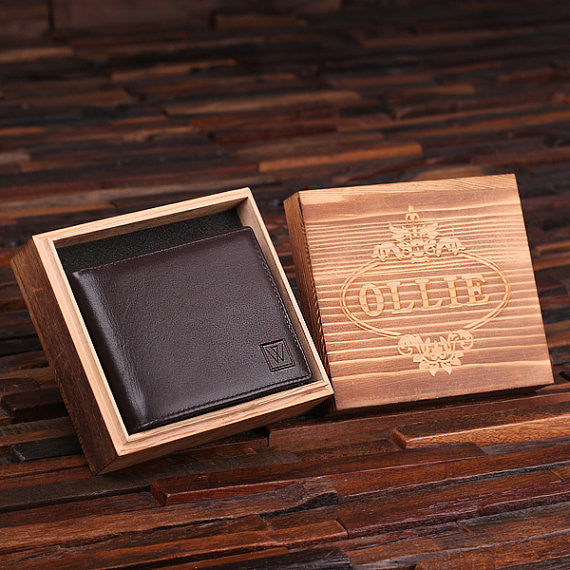 Engraved Monogrammed Men’s Leather Wallet - Black or Brown with Wood Box - Rion Douglas Gifts - 1