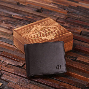 Engraved Monogrammed Men’s Leather Wallet - Black or Brown with Wood Box - Rion Douglas Gifts - 2
