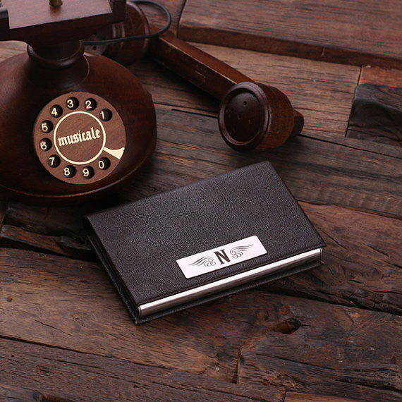 Leather Business Card Holder with Wood Gift Box - Brown or Black - Rion Douglas Gifts - 5