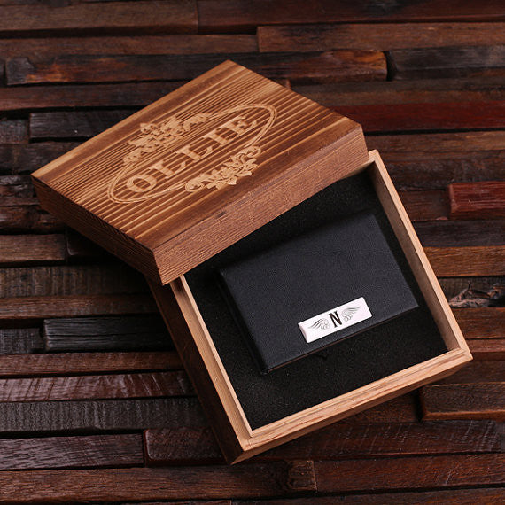 Leather Business Card Holder with Wood Gift Box - Brown or Black - Rion Douglas Gifts - 2